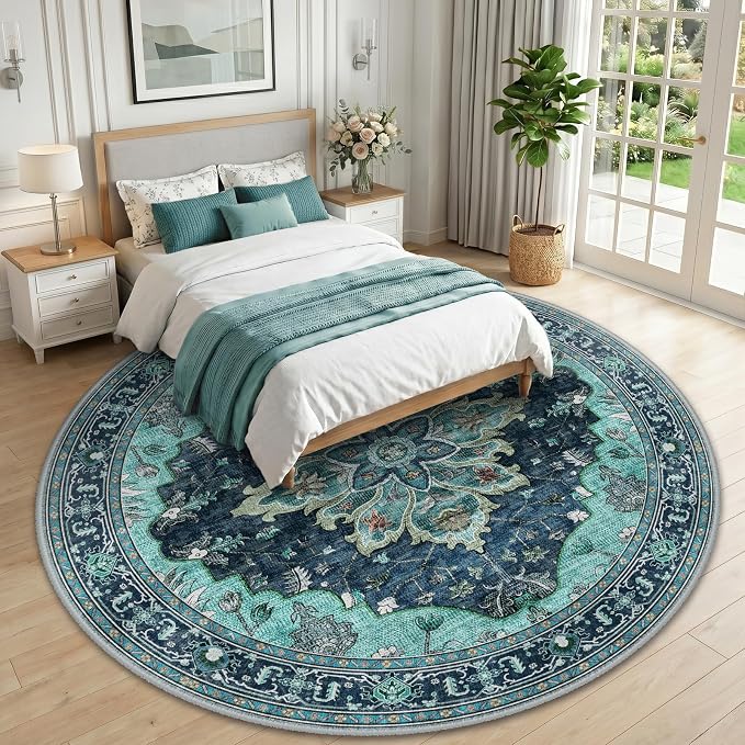RELEANY Washable Area Rug, Round 10ft, Teal | Non-Slip, Water Repellent - Image 2