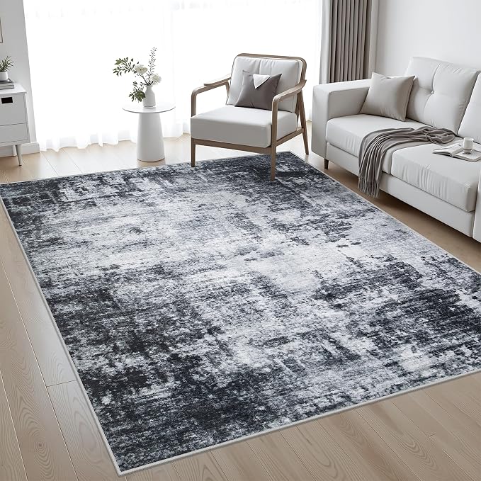 10x14 Area Rug Living Room: Modern Washable Soft Carpet Dark Black | - Image 2