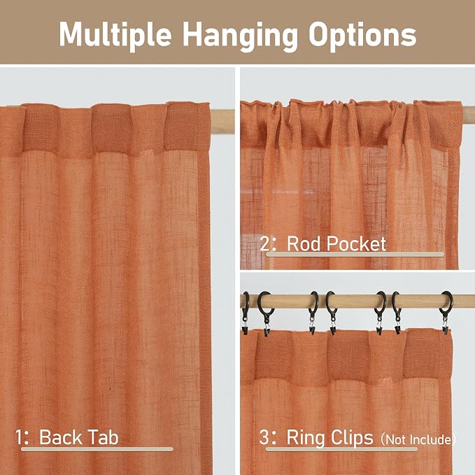 Burnt Orange Semi Sheer Window Linen Curtains 63 Inch Length | Light Filtering - Image 3