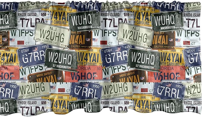 Ambesonne Vintage Window Valance Pack of 2, Original Retro Style License Plates Personalized Creative Travel Vacation, Rod Pocket Curtain Valances for Kitchen Bedroom, 54" X 18", Green Blue Yellow