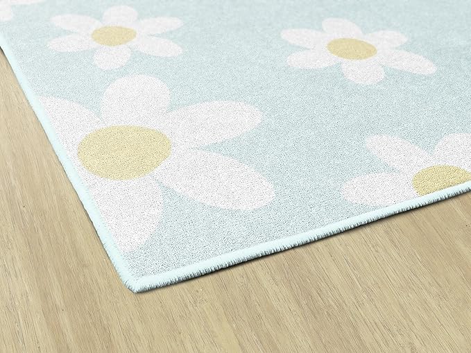 Flagship Carpets Schoolgirl Style White Daisies on Blue Educational Area Rug for Kids Room Seating Décor, Children's Classroom, Play Carpet for Teaching and Playroom, 7'6" x 12'