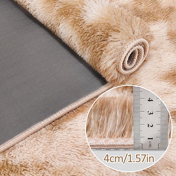 Super Soft Fluffy Living Room Area Rugs 2x8 ft Tie-Dyed Beige Shaggy Furry - Image 5