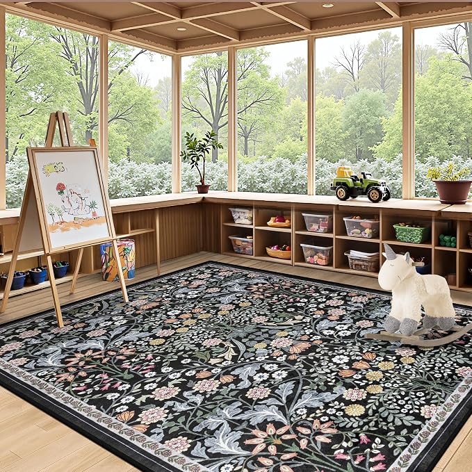 PLHXFR 6x9 Area Rug Living Room: Floral Washable Boho Carpet Dark Black | - Image 5