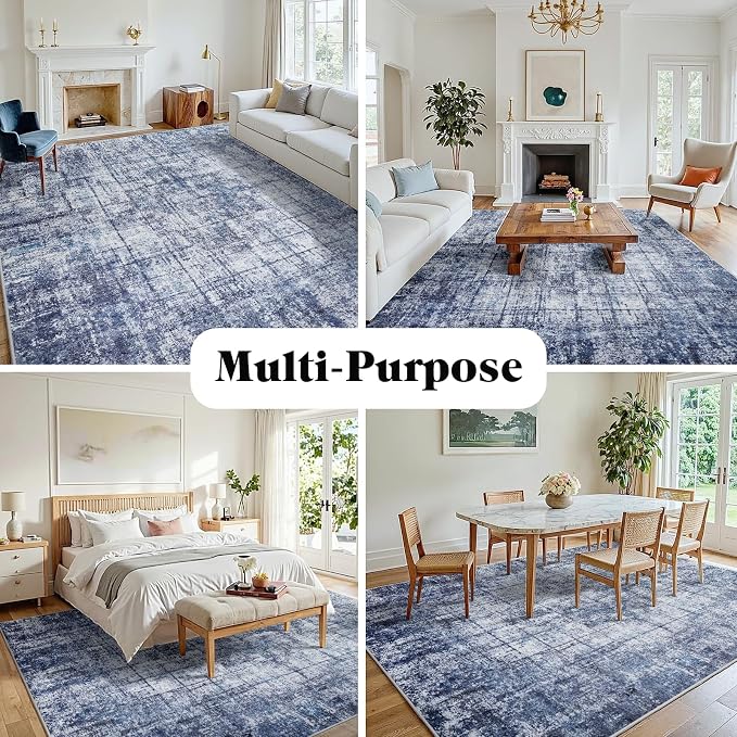 9x12 Washable Area Rug for Living Room Bedroom: Non-Slip Modern Navy Blue | - Image 3