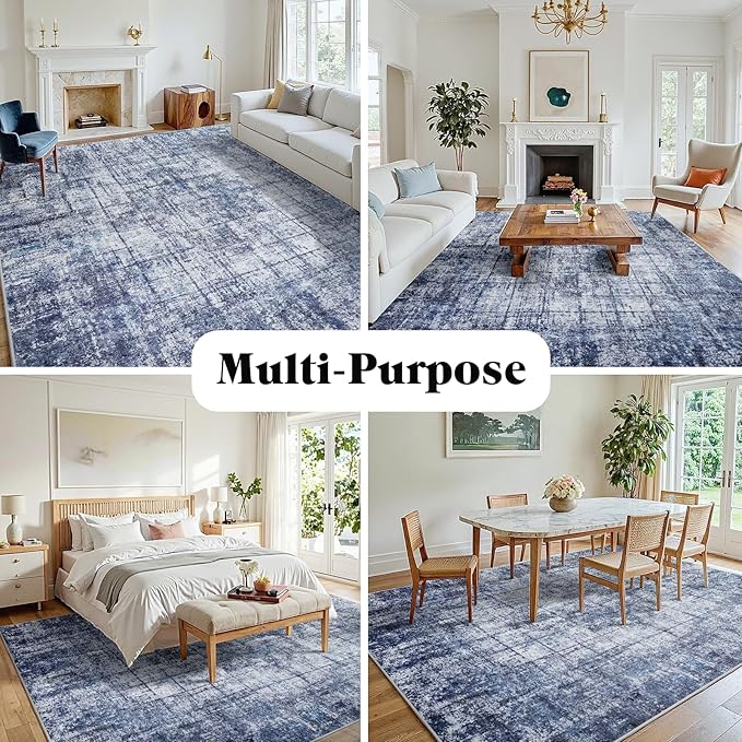10x14 Washable Area Rug for Living Room Bedroom: Non-Slip Modern Navy Blue | - Image 3
