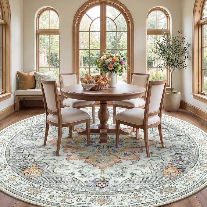 RELEANY Washable Area Rug, Round 8ft, Water Repellent, Pet Friendly, Vintage - Image 2
