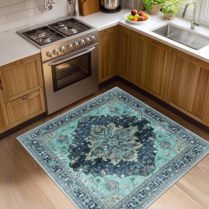 RELEANY Washable Area Rug, Square 4'x4', Teal | Non-Slip, Water Repellent by RELEANY