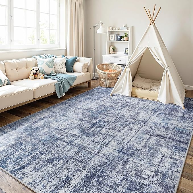 9x12 Washable Area Rug for Living Room Bedroom: Non-Slip Modern Navy Blue | - Image 9