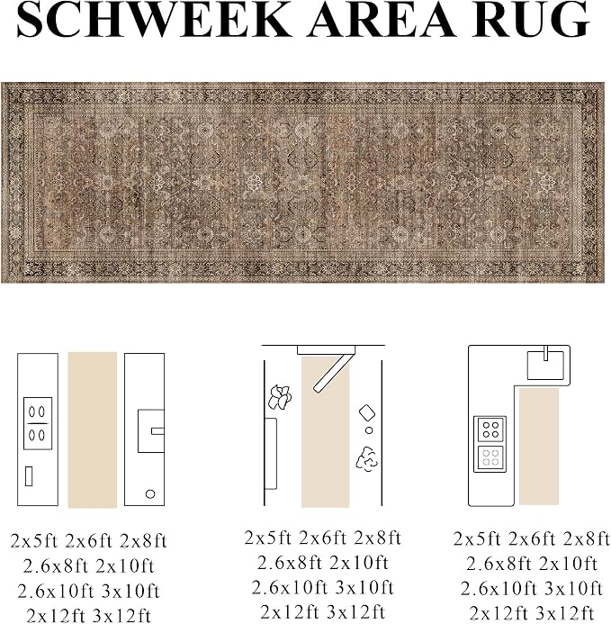Schweek 2.6x8 Hallway Runner Rug Washable Vintage Neutral Runners Brown | Non - Image 2