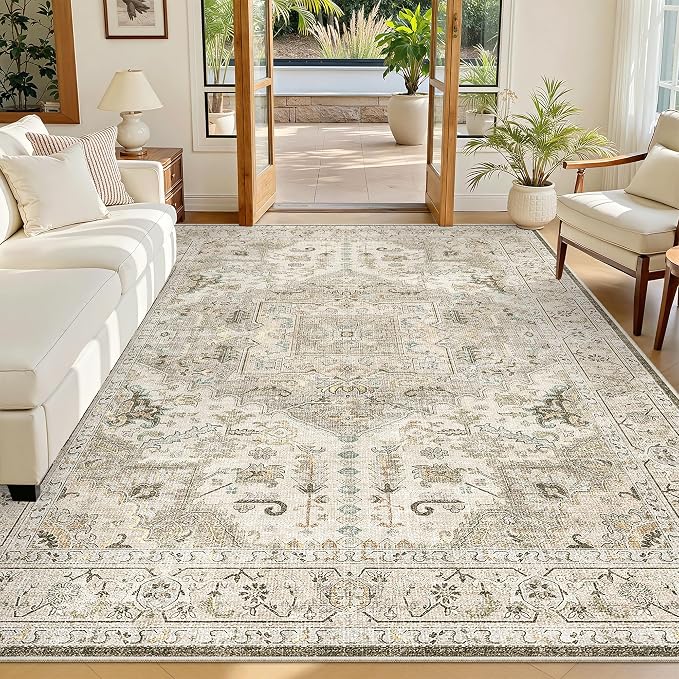 Madane 6x9 Area Rugs for Living Room, Vintage Washable Rug, Ivory/Brown | Stain by Madane