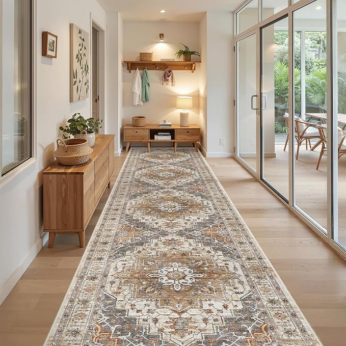 Madane Hallway Runner Rug 3x14 Washable Kitchen Runners Long, Turmeric/Grey | - Image 2