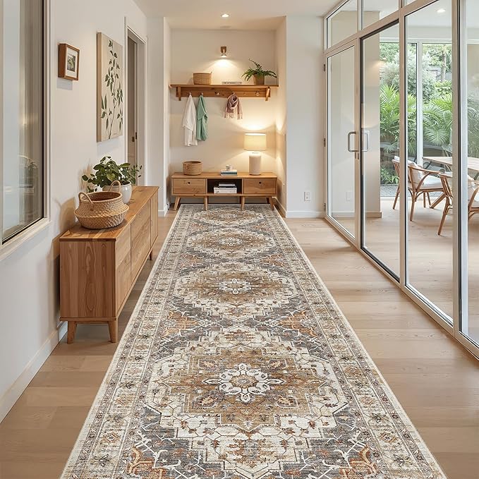 Madane Hallway Runner Rug 3x16 Washable Kitchen Runners Long, Turmeric/Grey | - Image 3