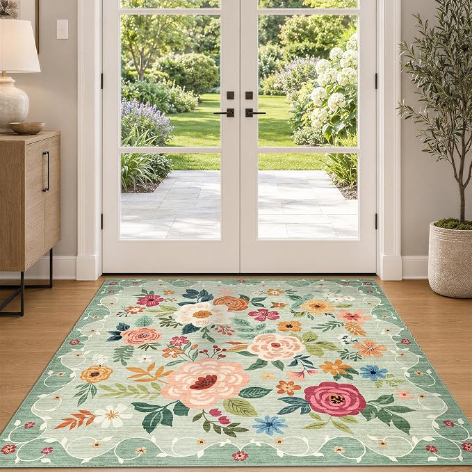 DUKINO 4x4 Square Area Rug, Soft Floral Washable Rug - Image 9