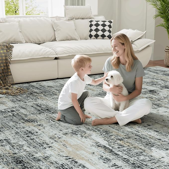 8x10 Washable Area Rug for Living Room Bedroom: Non-Slip Modern Black Gray | - Image 7