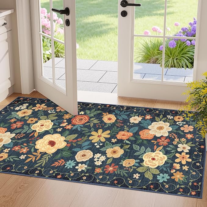 DUKINO 2x4 Entryway Rug, Floral Washable Kitchen Rugs Non Slip, Soft Indoor by DUKINO