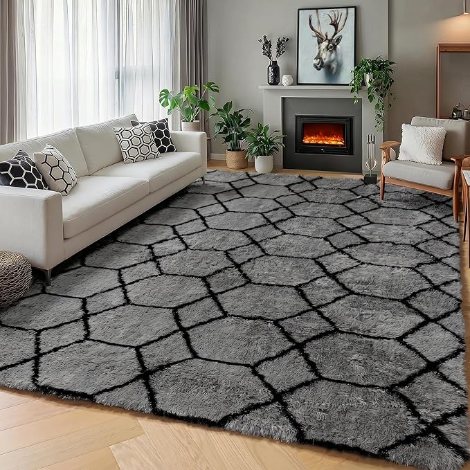 Area Rugs for Bedroom Living Room, 4x6 Fluffy Grey and Black Geometric Rug | - Image 5