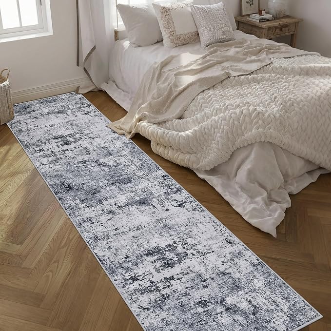2.6x14 Washable Runner Rug:Modern Abstract Indoor Soft Carpet Grey | - Image 2
