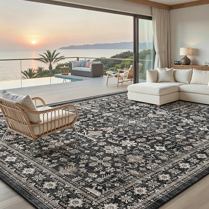 Grey Area Rug 10x14 for Living Room Bedroom | Low Pile; Non Slip;Machine - Image 3