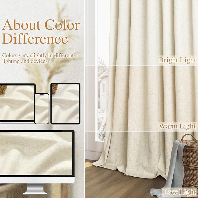 Warm Beige 100% Blackout Linen Curtains 102 Inch Length 2 Panels Set - Image 7
