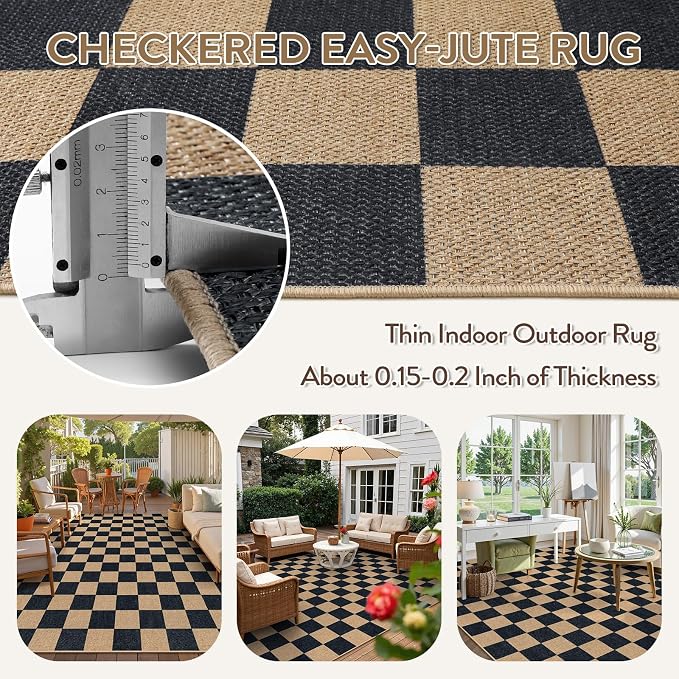 Lahome Checkered Easy Jute Living Room Rug, 8x10 Outdoor Rugs Washable | - Image 4