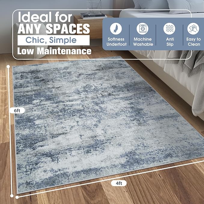 4x6 Area Rugs for Living Room Washable Bedroom Dining Room Blue Grey | Modern - Image 2