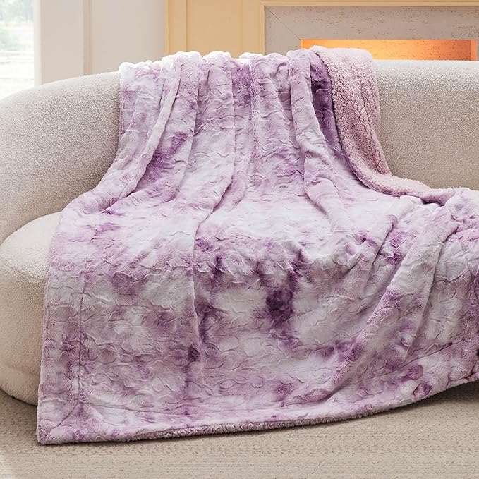 Bedsure GentleSoft Sherpa Fluffy Throw Blanket - Fleece Warm and Cozy Throw for Women Gift, Plush & Fuzzy Faux Fur Christmas Blanket for Couch, Bed Decor, Tie Dye Design, Light Purple, 50x60 Inches