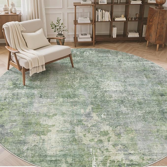 Soalmost Round Rugs 9ft Living Room Circle Area Rug 9x9 Green/Ivory Vintage | - Image 2
