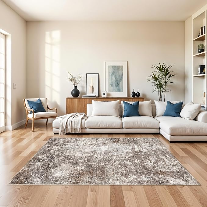 5x7 Area Rug Living Room Washable Neutral Brown Beige | Soft Low Pile Non Slip by BYYVOORugsforYourHome