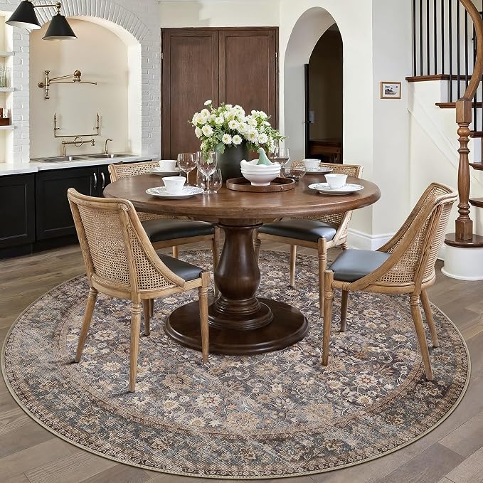 5ft Round Brown Blue Vintage Floral Washable Rug - Image 3