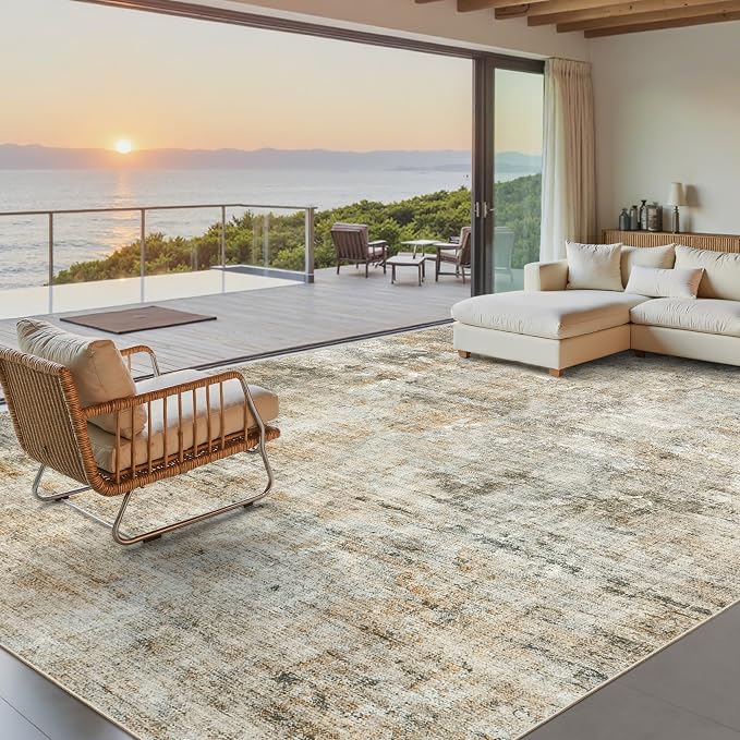 Soalmost 9x12 Area Rugs for Living Room Washable Rug Abstract Orange/Brown | - Image 2