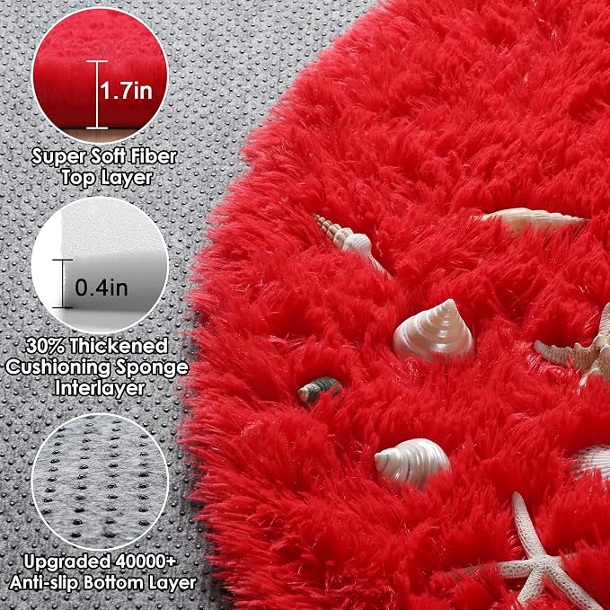 Red Round Rugs 5ft for Bedroom Living Room, Fluffy Circle Area Rug for Kids - Image 2