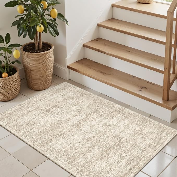 Soalmost 2x3 Washable Rugs for Kitchen, Small Area Rug Beige | Non-Slip Vintage - Image 9