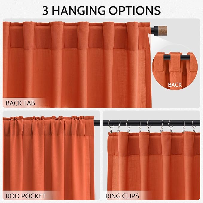 Bright Orange Linen Blend Light Filtering Back Tab Curtains 96 Inches Long - Image 3