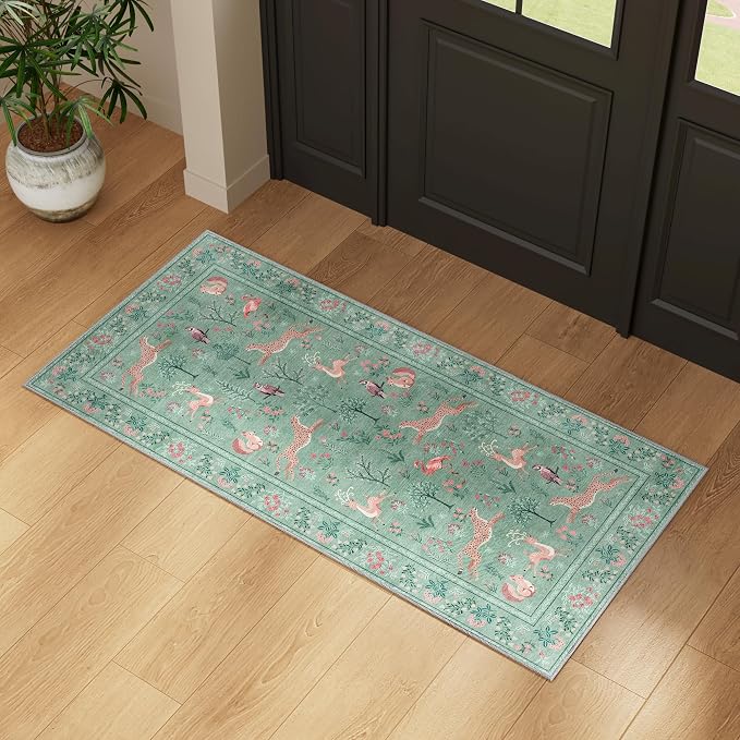 DUKINO 2x4 Rug for Entryway, Animal Washable Runner Rug for Kitchen, Teal | Non - Image 4