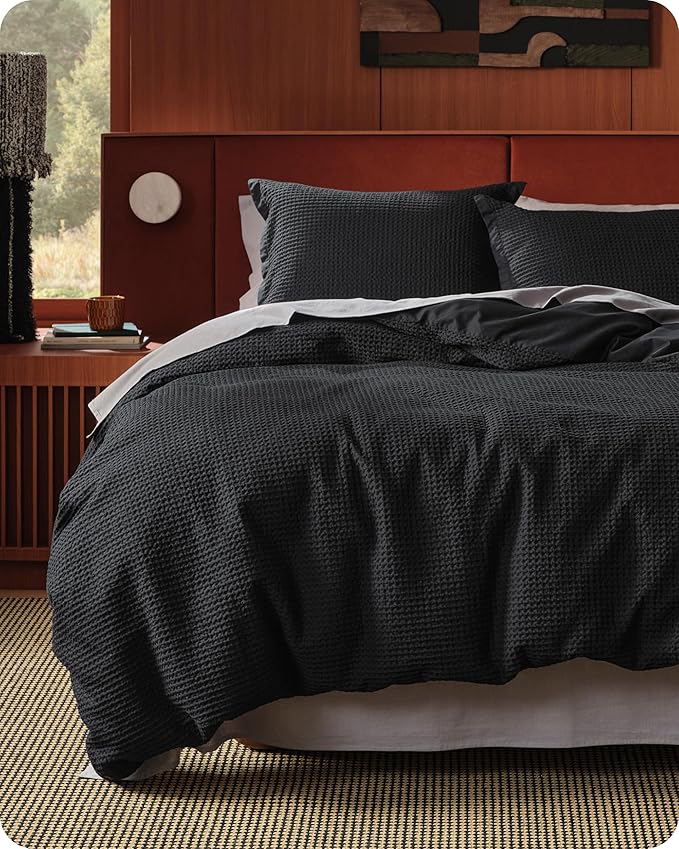 Bedsure Cotton Duvet Cover King - 100% Cotton Waffle Weave Black Duvet Cover King Size, GentleSoft™ and Breathable Bedding Set for All Season, 3 Pieces, 104"x90"