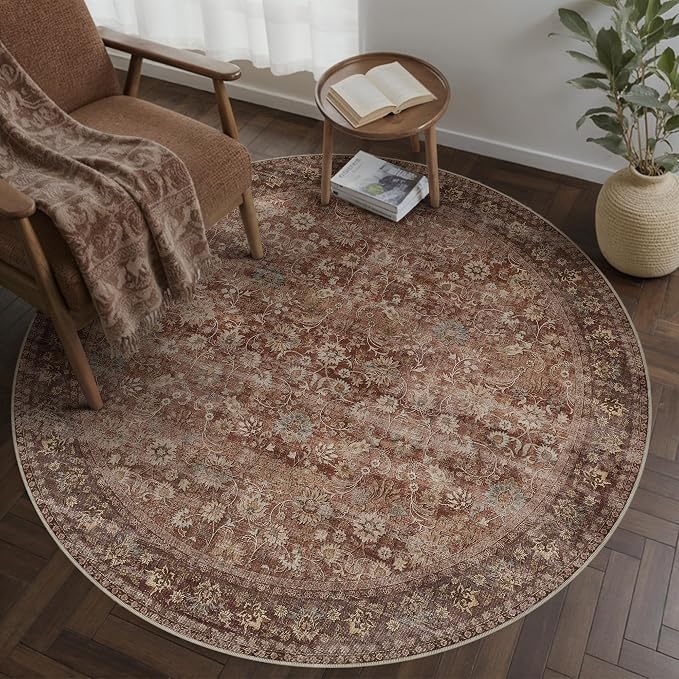 5ft Round Brick Red Vintage Floral Washable Rug by HUGEAR