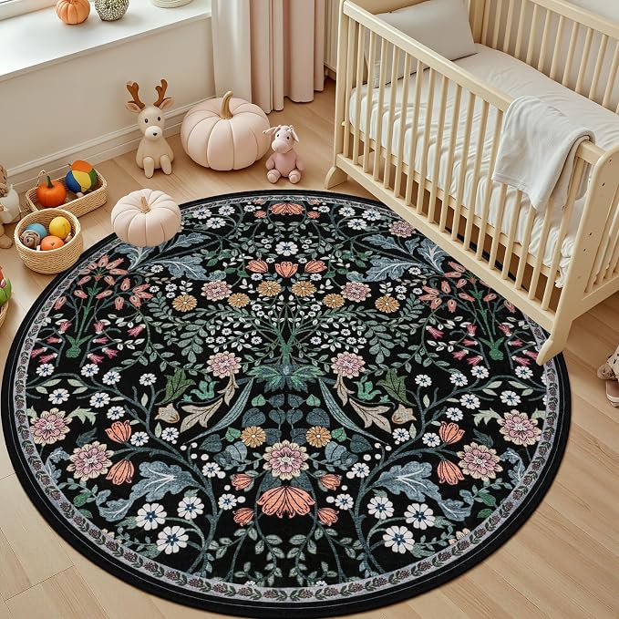 PLHXFR Round Area Rug Living Room: 6 ft Floral Washable Carpet Dark Black | - Image 5