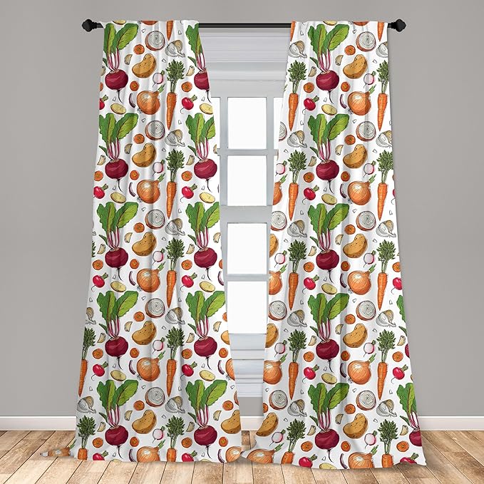 Ambesonne Vegetables 2 Panel Curtain Set, Continuous Pattern of Sketchy Painted Healthy Natural Tasty Food Illustration, Window Treatment Living Room Bedroom Decor, Pair of - 28" x 63", Green Orange