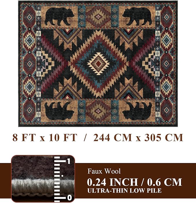 Rustic Cabin Area Rug for Living Room 8x10, Machine Washable Lodge Bear Rug - Image 2