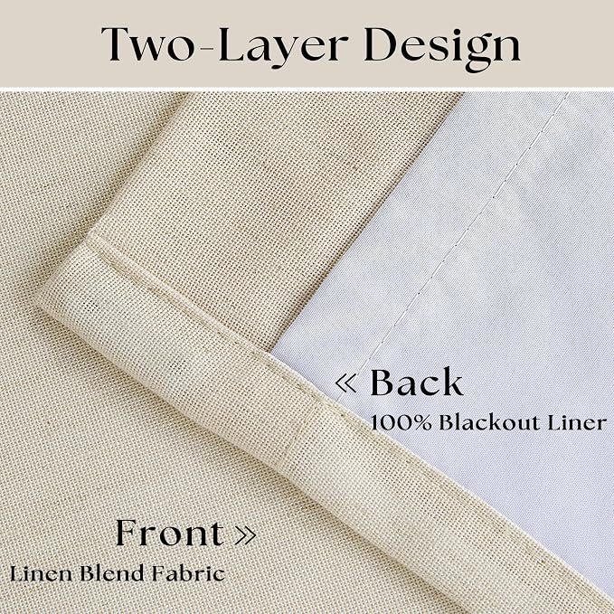 Cream Beige Pleated 100% Blackout Linen Curtains 108 Inches Long Set of 2 | - Image 4