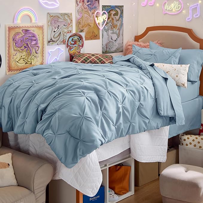 Bedsure Twin Comforter Set Light Blue - Bed in a Bag Twin Size Bedding 5 Pieces, GentleSoft™ Pintuck Bed Set Gift for Family, Pinch Pleat Light Blue Comforter with Sheets, Pillowcase & Sham
