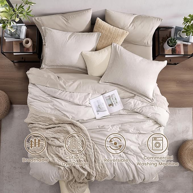 Monbix King Size Comforter Set, Oatmeal Cationic Dyeing Bed Set Reversible, King Size Comforter Set 7 Pieces Bed in a Bag with Comforter, Sheets, Pillowcases & Shams