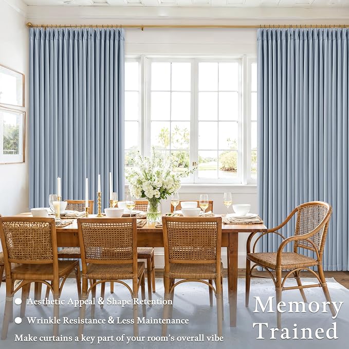 Light Blue Linen Blackout Linen Pleated Dual Layer Curtains 90 Inches Long | - Image 6
