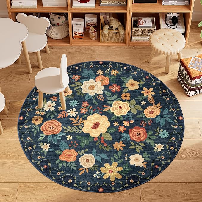 DUKINO 4ft Round Rug, Floral Washable Small Round Area Rug, Low Pile, Soft - Image 2