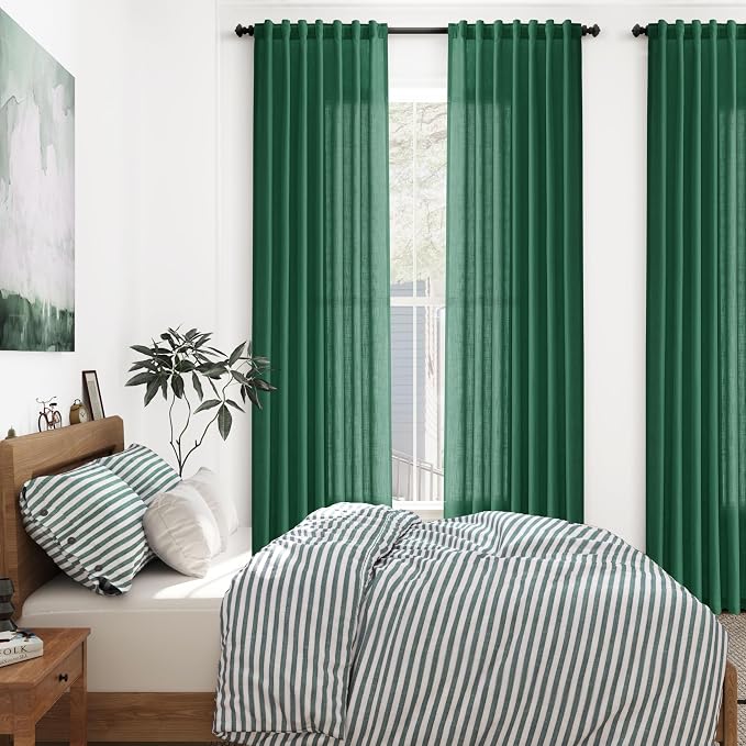 Dark Green Linen Curtains 96 Inches Long 2 Panels Set - Image 7