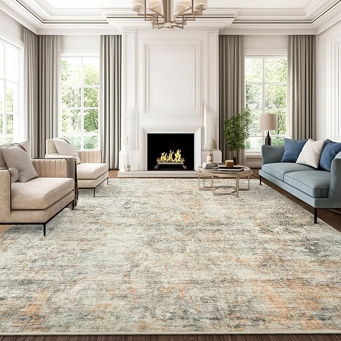 Soalmost Abstract Rug 8x10 Large Living Room Rugs Washable Orange/Brown | - Image 2