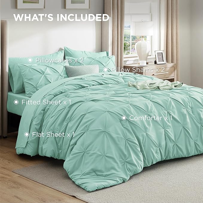 Bedsure King Size Comforter Set Mint Green - Bed in a Bag Bedding Set 7 Pieces, GentleSoft™ Pintuck Bed Set Gift for Family, Pinch Pleat Mint Green Comforter with Sheets, Pillowcases & Shams