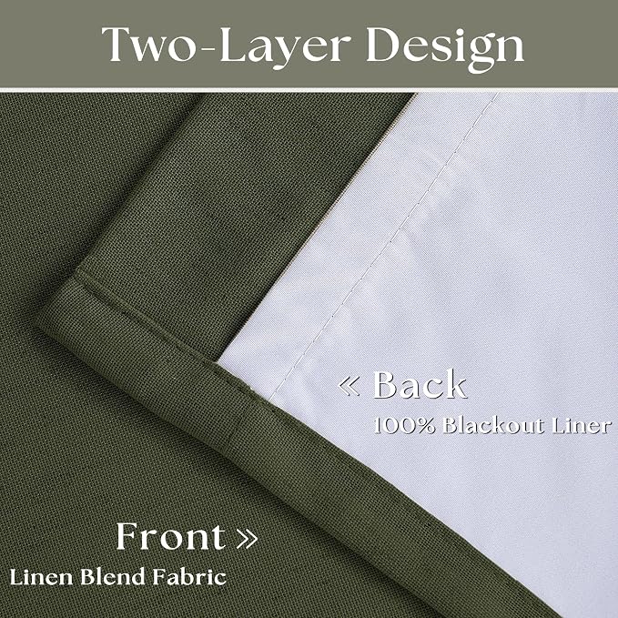 Olive Green Linen 100% Blackout 120 Inch Curtains - Image 4