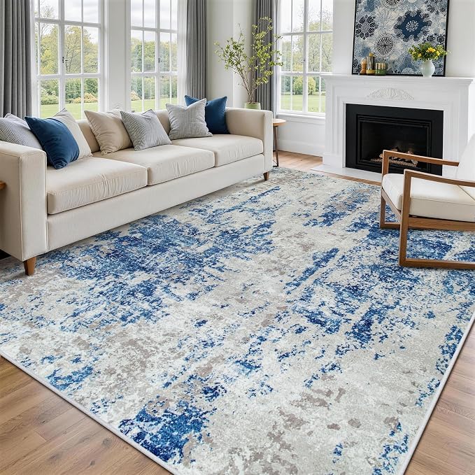 8x10 Area Rugs for Living Room Washable Bedroom Dining Room Blue Grey White | - Image 8