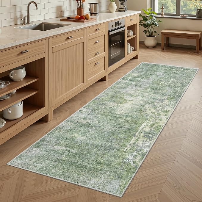 Soalmost Abstratc Runner Rug 2x6 Kitchen Hallway Runners Green/Ivory | Low-Pile by Soalmost